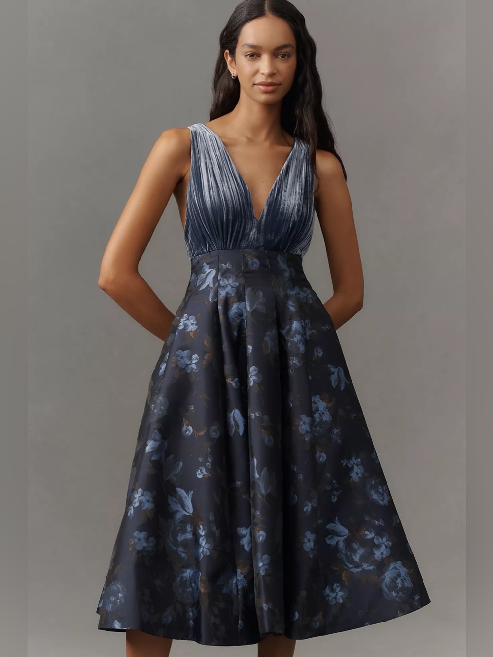 Maeve V-Neck Velvet Jacquard A-Line Midi Dress